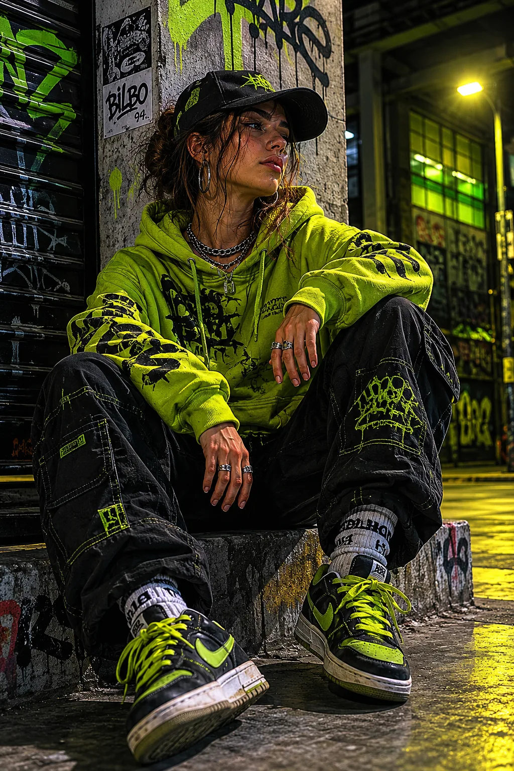 Modelo sentada en muelle de carga con sudadera verde acido HZRD bajo farola amarilla
